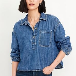 Old Navy Denim Jean Boyfriend Popover Shirt Polo Large Tall LT